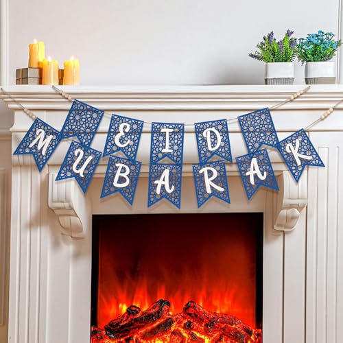 Menkxi 2 Pcs Eid Ramadan Mubarak Banner Wooden Decoration Rustic Hanging Ramadan Decor Eid Mubarak Banner Supplies for Muslim Home Fireplace Mantel Indoor Outdoor Party Decoration(Blue, White)