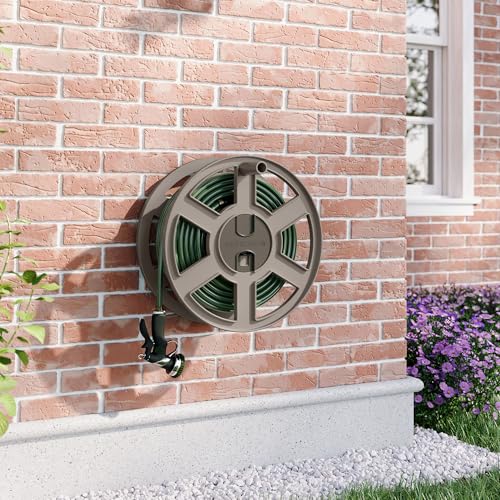Suncast Sidewinder Wall Mount Garden Hose Reel, 100 Feet Capacity for 5/8 Inch Standard Vinyl Hosepipe, Light Taupe – Resin Water Line Holder for Lawn, Gardening and Outdoor Watering - size: 100 feet