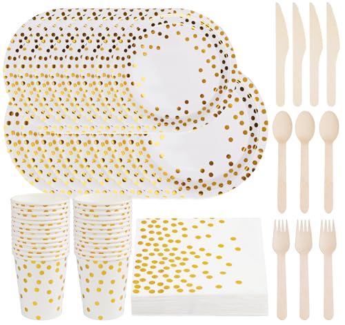 200 Pcs Birthday Plates and Napkins, White and Gold Plates Disposable, 25 Guests Party Plates Set, Plate and Napkins Party Supplies, Including Spoon, Fork, Knife, Drinking Cups for Wedding Christmas