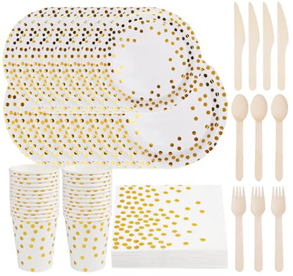 200 Pcs Birthday Plates and Napkins, White and Gold Plates Disposable, 25 Guests Party Plates Set, Plate and Napkins Party Supplies, Including Spoon, Fork, Knife, Drinking Cups for Wedding Christmas