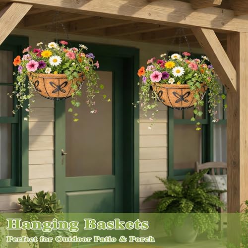 4 Pack 14 Inch Hanging Baskets for Plants Outdoor Metal Hanging Planter Hanging Flower Baskets with Coco Fiber Liners Chain Round Wire Plant Holder Hanging Flower Pots(Butterfly) - size: 14 Inch, style: Butterfly