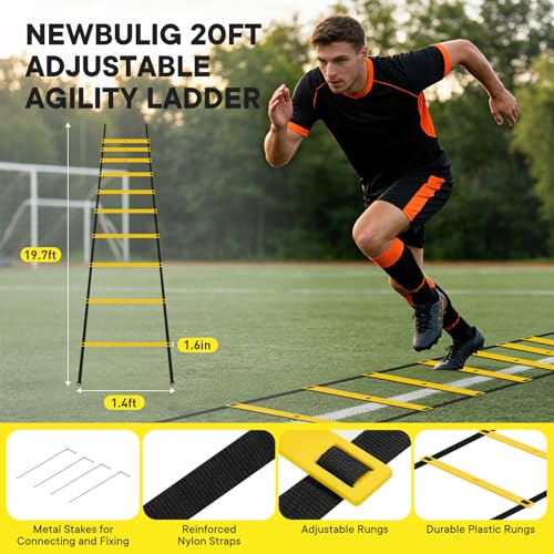 Agility Ladder Speed Training Equipment Set, 4 Adjustable Hurdles | 20 ft Ladder, 12 Cones, Jump Rope, Resistance Parachute, Soccer, Basketball, Football Practice Equipment for Youth, Adults
