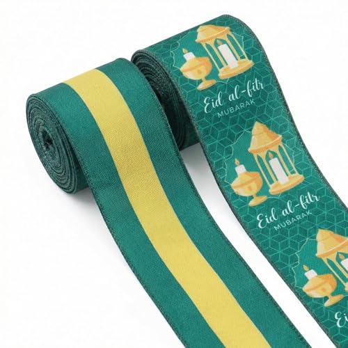2 Roll Ramadan Ribbons,Green Gold White Grosgrain Stripes Ribbons for Wrapping Eid Mubarak Ramadan Ribbons Lantern Diamond Ribbon for Islamic Muslim Decor - color: Green