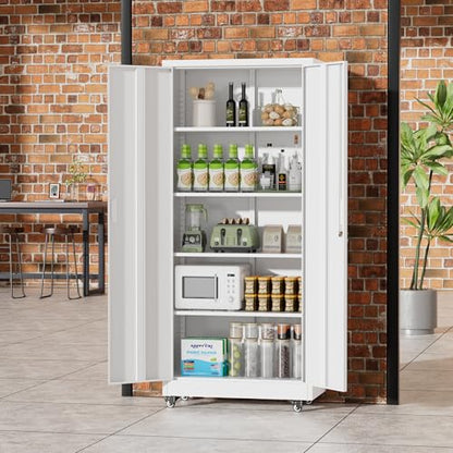 Greenvelly 73" Metal Storage Cabinet with Wheel, Lockable White Metal Garage Cabinets with 2 Doors and 4 Adjustable Shelves, Rolling Steel Tool Cabinet for Garage, Home Office, School - color: White, style: 73"H-Wheels