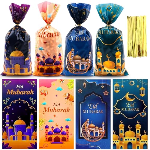 Eid Mubarak Gift Bags, Eid Goodie Bags, Ramadan Goodie Bags, Eid Mubarak Plastic Cellophane Treat Bags Candy Cookie Snack Goody Bag with Ties for Islamic Muslim Eid Mubarak Party Favor Supplies, 50Pcs
