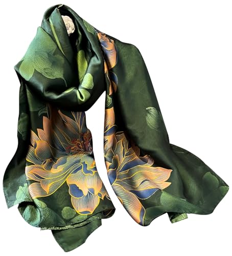 Womens 100% Large Mulberry Silk Scarf Long Satin Scarf Fashion Lightweight Wraps - color: Emerald and Big Flower