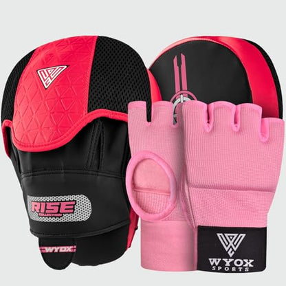 WYOX Boxing Hand Wraps Inner Gloves & Curved Focus Mitts Bundle for Men & Women Adults – 80cm Wrist Support, Gel Padding, MMA Muay Thai Kickboxing Training Gloves & Pads