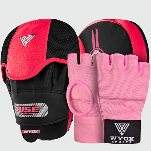 WYOX Boxing Hand Wraps Inner Gloves & Curved Focus Mitts Bundle for Men & Women Adults – 80cm Wrist Support, Gel Padding, MMA Muay Thai Kickboxing Training Gloves & Pads