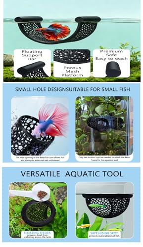 Betta Fish Tank Accessories 3-Piece Set – Betta Hammock, Floating Rest Ledge & Swimming Tunnel – Aquarium Decor for Betta, Nano Fish, Small Fish & Shrimp (Black)