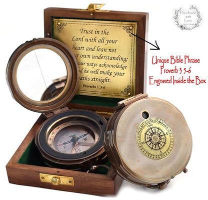 Trust in The Lord With All Your Heart - Proverbs 3:5-6 Quote Engraved Compass With Wooden Box, Greeting Card, Gift Compass, Graduation Day Gifts 2024 for Women Men Boys Girls - style: #5 Trust in The Lord Compass -Proverbs 3: 5-6