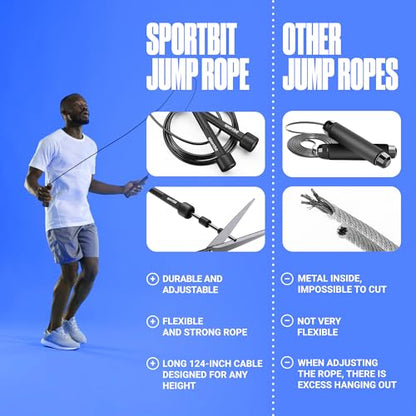 SPORTBIT Adjustable Jump Rope for Fitness and Exercise | Fitness and Exercise, Cardio, Boxing, and Weight Loss, Speed Rope, Men & Women - color: Black
