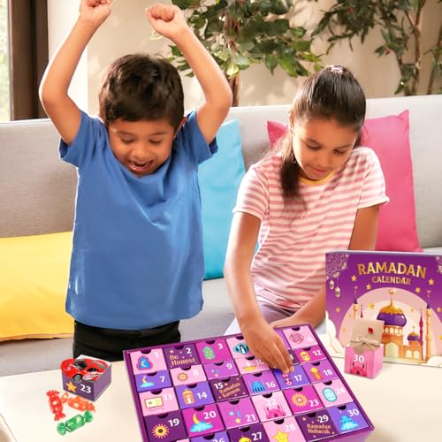 MOVINPE Ramdan Calendar with Drawers 2026 Ramadan Gifts for Kids, 30 Pre-Assembled Empty Boxes Eid Mubarak Coutdown Calendar Fillable Islamic Art Gift Box, Ramadan Party Supplies (Purple) - color: Purple