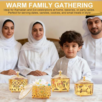 4 Pcs Eid Mubarak Plates with Lids Metal Gold Moon Castle Star Arabesque Ramadan Serving Tray, Food Container for Cookie Candy Pastry Dessert, Ramadan Decorations Table Display Set