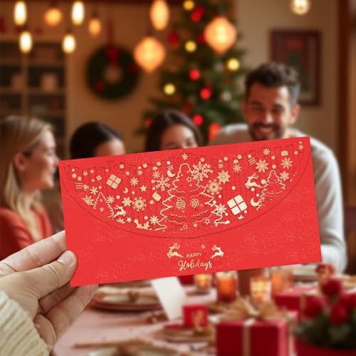 12 PCS Holiday Christmas Money Envelopes For Cash, Xmas Cash Currency Envelopes 7.1×3.5 inch, Gold Foil Laser Cut Money Envelopes Holder for Christmas Party New Year Gifts (Red,Horizontal) - size: Horizontal ，7.1"×3.5"