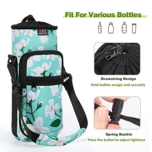 Nuovoware Water Bottle Carrier Bag, 25oz/32oz Bottle Pouch Holder, Adjustable Shoulder Hand Strap 2 Pocket Sling Neoprene Sleeve Sports Water Bottle Accessories for Gym Hiking Travelling, Green Lily | Adjustable Shoulder Hand Strap, 2 Pocket, Neoprene Sle