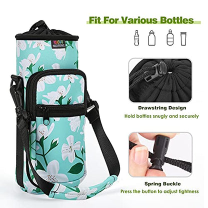 Nuovoware Water Bottle Carrier Bag, 25oz/32oz Bottle Pouch Holder, Adjustable Shoulder Hand Strap 2 Pocket Sling Neoprene Sleeve Sports Water Bottle Accessories for Gym Hiking Travelling, Green Lily | Adjustable Shoulder Hand Strap, 2 Pocket, Neoprene Sle