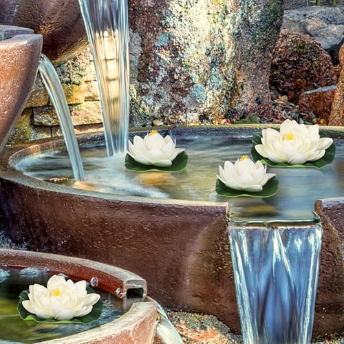 TOYANDONA 6pcs White Artificial Floating Lotus Flowers 7 Inch Lily Pads 2 Large(18cm) + 4 Small(10cm) Water Lily Pads Floating Pond Plants for Pond Pool Home Aquarium Garden Wedding Decor