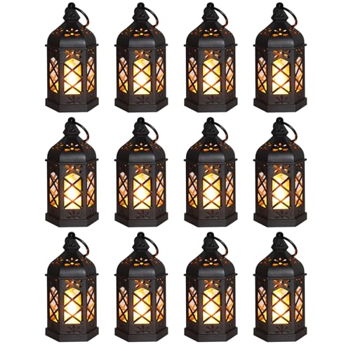 12-Pack Mini Lanterns, Small Candle Lanterns Decorative, Black Tea Light Lantern, Ramadan Eid Decor, Table Centerpiece for Wedding Halloween Christmas, Easter Decorations, Battery Included - color: Black-12Pcs