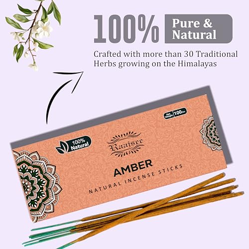 Raajsee Amber Incense Sticks 100 Gm Pack-100% Pure Organic - Natural Hand Rolled Free from Chemicals-Insence for Church,Relaxation, Meditation & Sensual Therapy - color: Amber