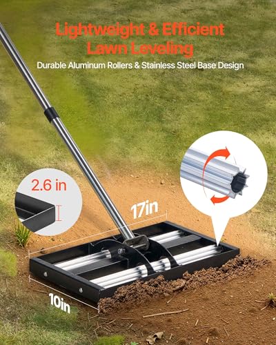 VEVOR Updated Lawn Leveling Rake with Roller, 17" x 10" Stainless Steel Lawn Leveler with 63.4" Adjustable Handle, Heavy Duty Yard Leveling Rake, Effort Saving Lawn Leveling Tool for Yard Golf Court - size: 10x17x70in (with Roller)