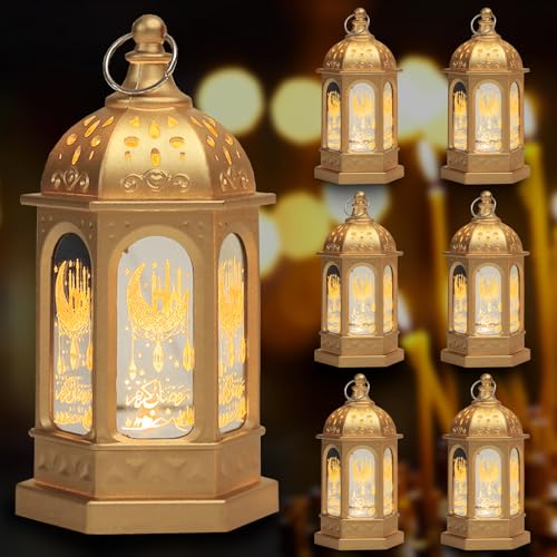 6PCS Mini Golden Ramadan Lanterns, Castle Moon Pattern, LED, Battery Operated, Tabletop, Not Water Resistant - color: Style 2