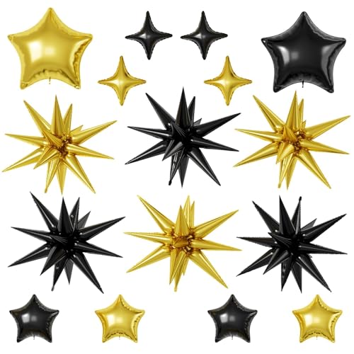 Black Gold Star Balloons, 22/18/10 Inch Foil Balloons, Four-Pointed Balloon for Women Men Birthday Anniversary New Year Wedding Baby Shower Party Decorations - color: Black Gold