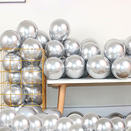 12 Inch 100 Pcs Latex Metallic Chrome Balloons Helium Shiny Thicken Balloons Party Decoration (Silver) - color: Silver