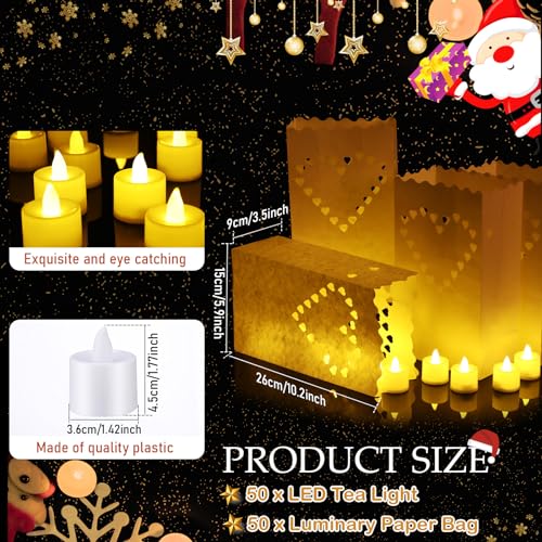 Sabary 50 Sets Luminary Bags with Flameless Tea Lights Outdoor Luminaries LED Lantern Candle Bags for Wedding Birthday Ramadan Christmas Party Decorations Romantic Decor(Heart) - style: Heart