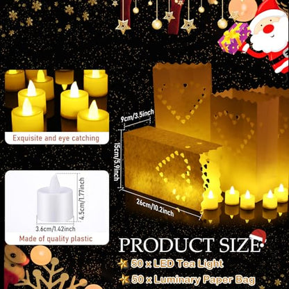 Sabary 50 Sets Luminary Bags with Flameless Tea Lights Outdoor Luminaries LED Lantern Candle Bags for Wedding Birthday Ramadan Christmas Party Decorations Romantic Decor(Heart) - style: Heart