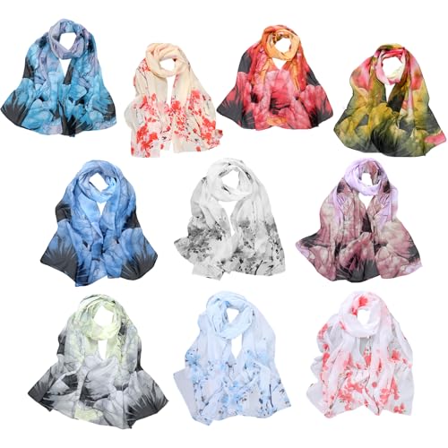 10 Pack Scarves for Women Lightweight Bulk, Chiffon Floral Print Shawls, Sheer Summer Head Scarves, Elegant Neck Wraps for All Seasons and Occasions (61 X 18.8 Inches)