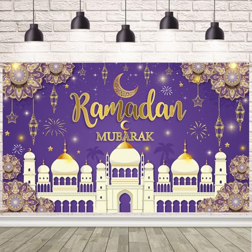 AIBIIN Ramadan Mubarak Backdrop Purple Muslim Kareem Banner Eid Al-Adha Mubarak Party Decorations Banner Photo Shoot Props 94.48 x 70.8 Inch - color: purple, size: 94.48 x 70.8 Inch
