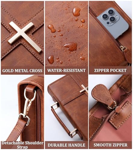 Vegan Leather Bible Cover Case, Bible Bag with Phone Pocket, Bible Case for Men Women, Christian Gift Box Packaging (Brown - with Strap) - color: Brown - With Strap