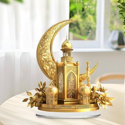 EUBUY Ramadan Decorations Acrylic Mubarak Sign Centerpiece, Golden Crescent Moon Mosque Acrylic Desktop Decoration for Muslims Home Bedroom Decor