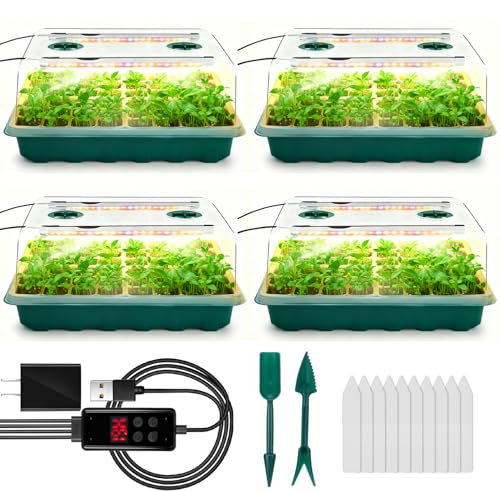 Seed Starter Tray with Grow Light, 192-Cell Seed Starter Kit, Seedling Starter Trays with Humidity Domes, Automatic Timer, Adjustable Light Indoor Gardening Plant Germination Trays - color: Green 4 Set