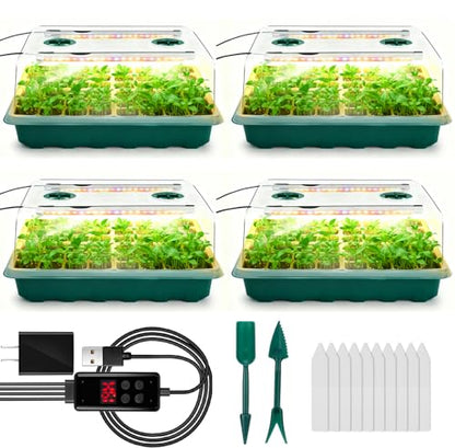 Seed Starter Tray with Grow Light, 192-Cell Seed Starter Kit, Seedling Starter Trays with Humidity Domes, Automatic Timer, Adjustable Light Indoor Gardening Plant Germination Trays - color: Green 4 Set