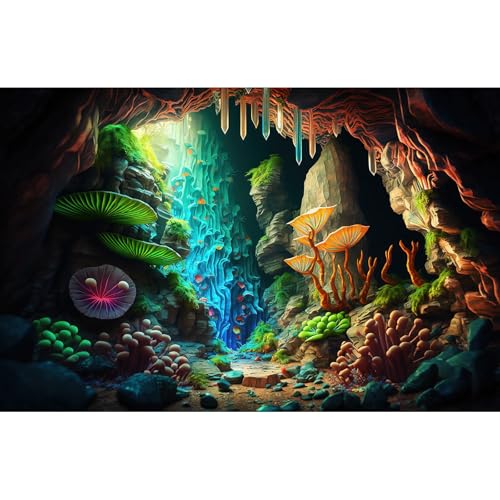 Jungle Cave Aquarium Background Cartoon Cave Landscape Fish Tank Background Abstract Bright Lights Luminous Mushrooms Tropical Plants Reptile Tank Enclosure Terrarium Backgrounds 30x12in - color: Green Purple, size: 30(W)x12(H)in