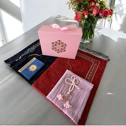 SAIKA 7 Pieces Prayer Rug Set, Prayer Rug Set for Couples & Families, Prayer Beads, Scarf, Muslim Hat, Prayer mats & Short Surahs Book, Islamic Gift, Janmaz, Salah mat, Rmadan Gift (Rose Box Set) - color: Rose Box Set