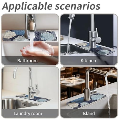 Kitchen Sink Splash Guard，Chrysanthemum flowers-1 Faucet Mat Sink Gadgets-Super Absorbent Fast Drying Mat Drip Catcher for Kitchen, Bathroom,Sink Mat, Dish Drying Mat, Bathroom(15" X 5.5" ) - color: Chrysanthemum flowers-1