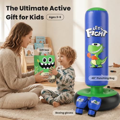 Inflatable Punching Bag, 48" Punching Bag for Kids with Boxing Gloves, Stable Boxing Set for Karate, Taekwondo,Dinosaur Toy & Gifts for Boys 3 4 5 6 7 8 Year Old - color: Blue