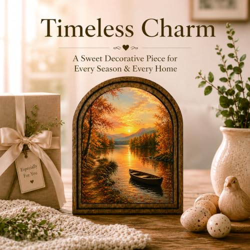 Autumn Lake Arched Decor, Rustic Landscape Table Sign - color: Autumn Lake Sunset