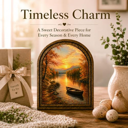 Autumn Lake Arched Decor, Rustic Landscape Table Sign - color: Autumn Lake Sunset