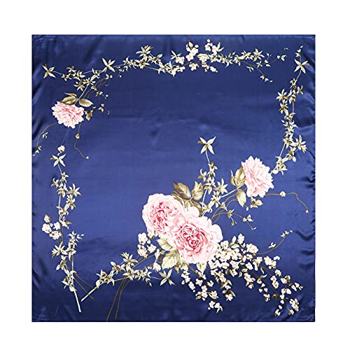 AWAYTR 35” Large Satin Square Head Scarf - 2Pcs Silk Like Floral Head Scarves Square Satin Hair Scarf Bandanas for Women - color: Flower(ha Cyan/Navy)