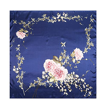 AWAYTR 35” Large Satin Square Head Scarf - 2Pcs Silk Like Floral Head Scarves Square Satin Hair Scarf Bandanas for Women - color: Flower(ha Cyan/Navy)
