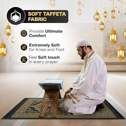 Muslim Prayer Rug with Islam Prayer Beads - Travel Prayer Mat, Islamic Gifts for Women, Portable Prayer Matt Islam, Islamic Prayer Rug Islam Men Women, Praying Mat for Muslim Gifts, Black