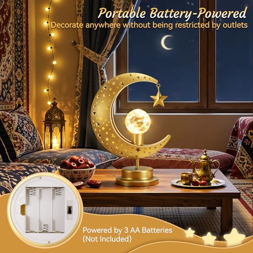 Lewondr Ramadan Moon Lamp, Crescent Moon with Star Table Lamp, Battery Powered Ramadan Desk Lamp Decorations Crescent Table Light Bedside Night Stand Desktop Living Room Home Decor, Eid Mubarak Decor - style: Crescent Moon with Star