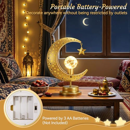 Lewondr Ramadan Moon Lamp, Crescent Moon with Star Table Lamp, Battery Powered Ramadan Desk Lamp Decorations Crescent Table Light Bedside Night Stand Desktop Living Room Home Decor, Eid Mubarak Decor - style: Crescent Moon with Star