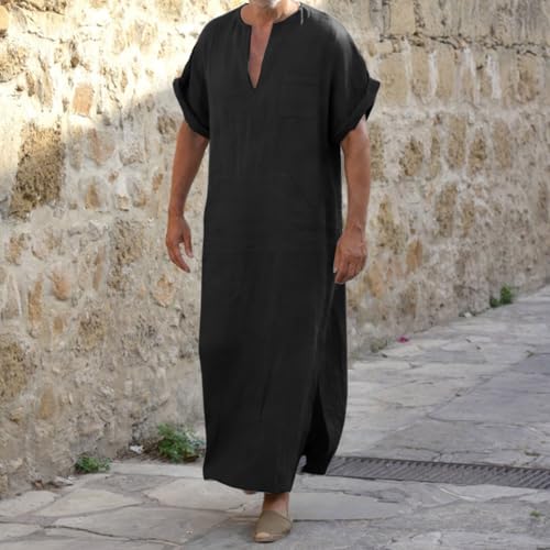 Mens Kurta Linen V Neck Long Sleeve Kaftan Casual Modern Everyday Thobes Soft Breathable Lightweight Kurta - color: 01#_black, size: Small