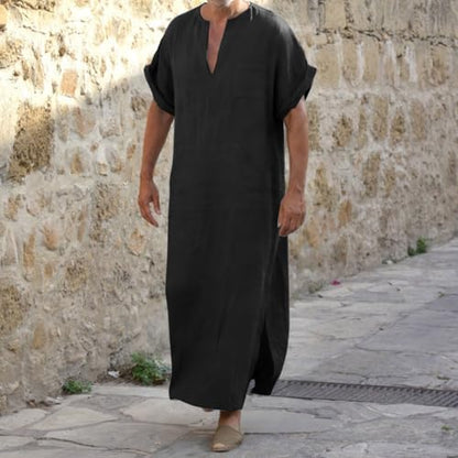 Mens Kurta Linen V Neck Long Sleeve Kaftan Casual Modern Everyday Thobes Soft Breathable Lightweight Kurta - color: 01#_black, size: Medium
