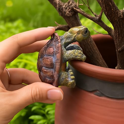 Mini Turtle Pot Hugger 3''x2'', Resin Flower Pot Decorations, Hanging Plant Tortoise Hanger Figurines, Potted Bonsai Planter, Home and Outdoor Statue and Decor for Garden, Aquariums, Patio Lawn