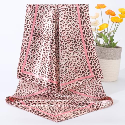 AWAYTR 35” Large Satin Square Head Scarf - 2Pcs Silk Like Floral Head Scarves Square Satin Hair Scarf Bandanas for Women - color: Leopard Print (Pink/Khaki)